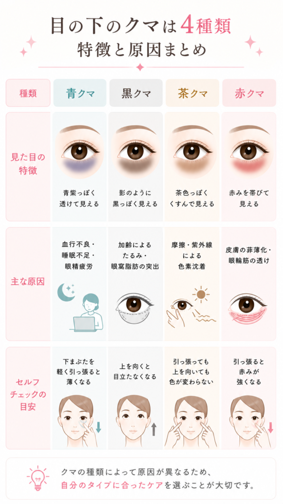 目の下のクマは4種類｜青クマ・黒クマ・茶クマ・赤クマの特徴と原因　画像