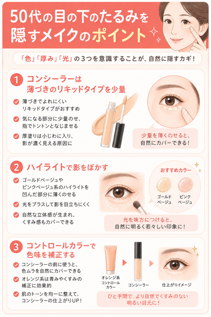 50代の目の下のたるみを隠すメイクのポイント画像