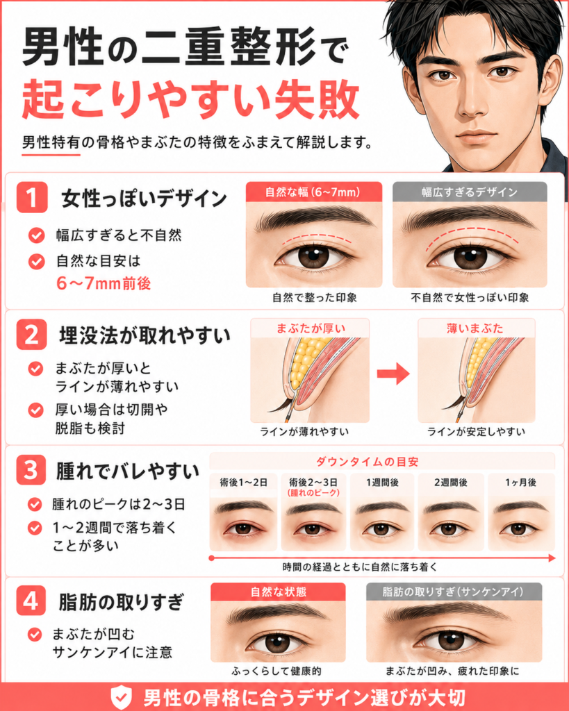男性の二重整形で起こりやすい失敗　画像